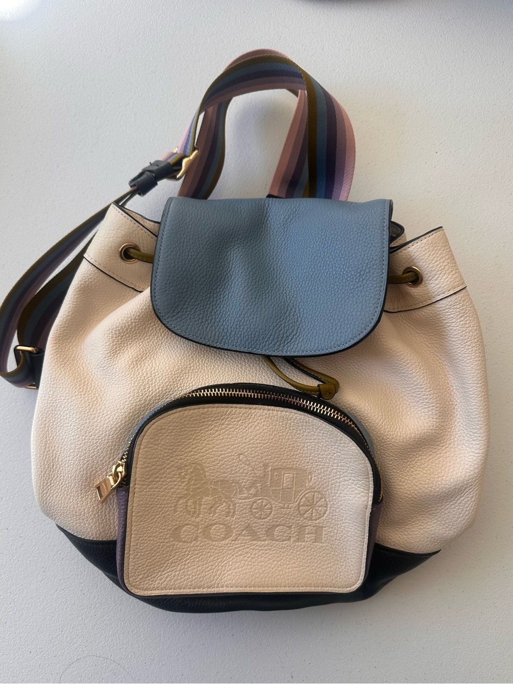Coach Colorblock Pebbled Leather Drawstring Backpack in Cream, Blue & Black